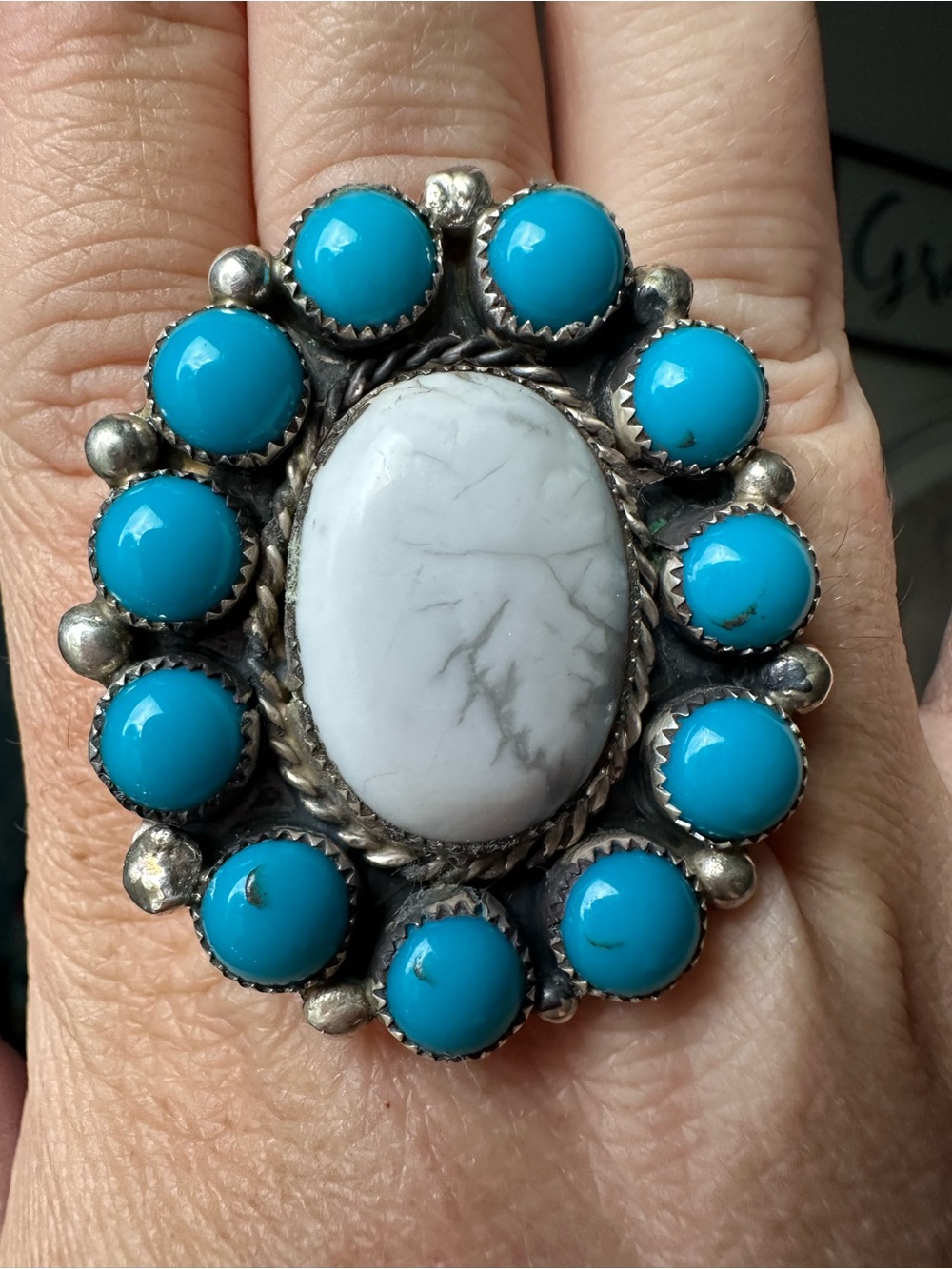 Adjustable Howlite & Turquoise Sterling Silver Ring 🤍🩵